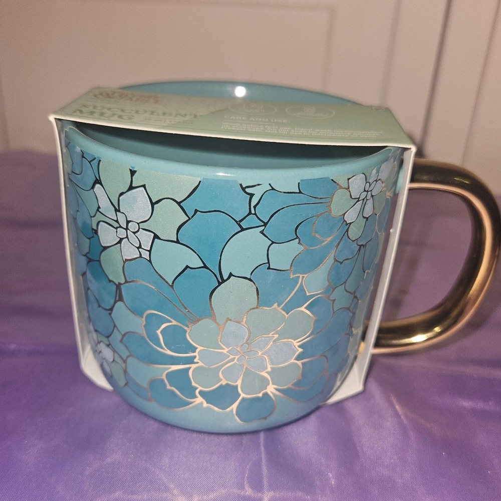 Thyme & Table Succulent Mug 16oz Blue Teal Floral Gold Handle Stoneware TT0217-R